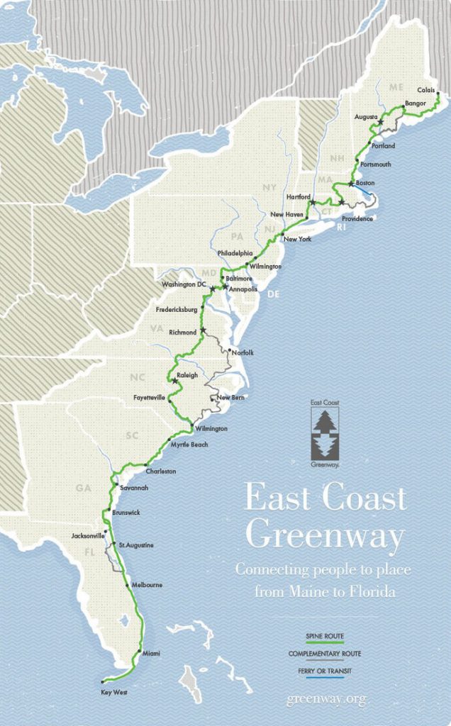 Ruta de la East Coast Greenway por la costa atlántica de EE.UU.