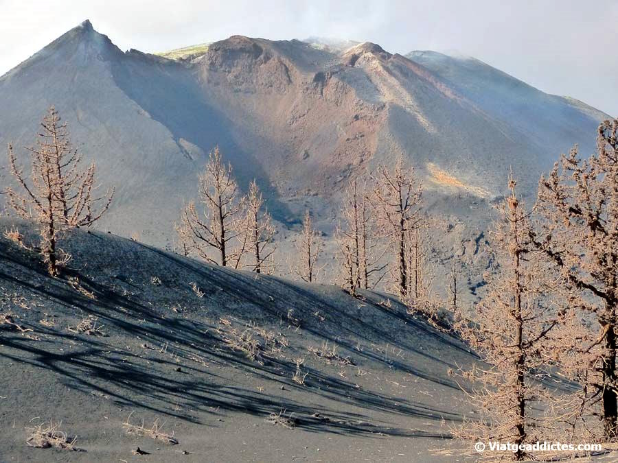 One of the craters of the new Tajogaite volcano, seen from a lookout inside the exclussion area