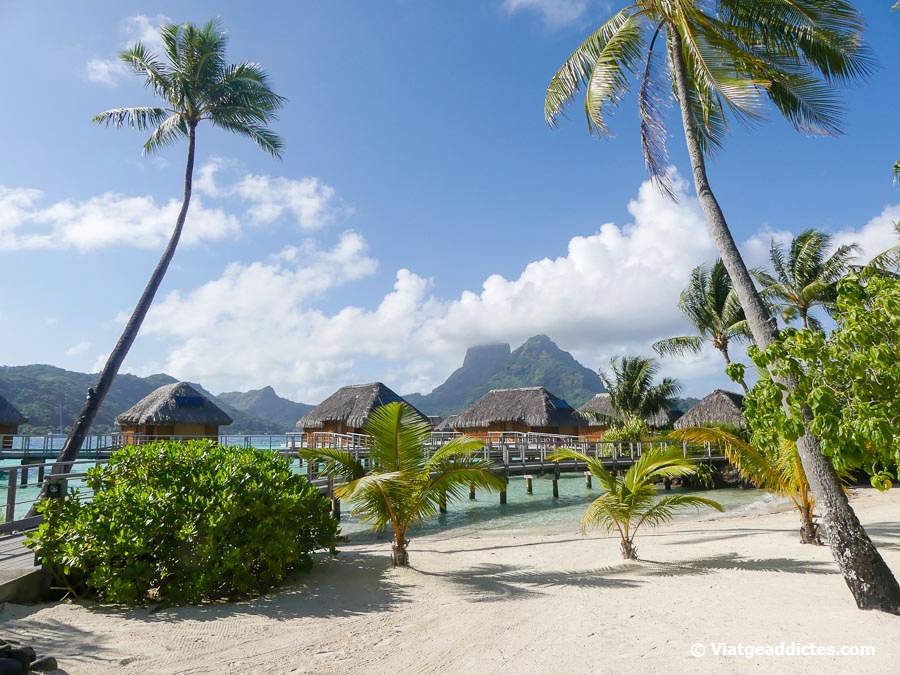 El complex «Le Bora Bora by Pearl Resorts» amb l'illa de Bora Bora i el mont Pahia al fons  (motu Teivaroa, illes de la Societat)