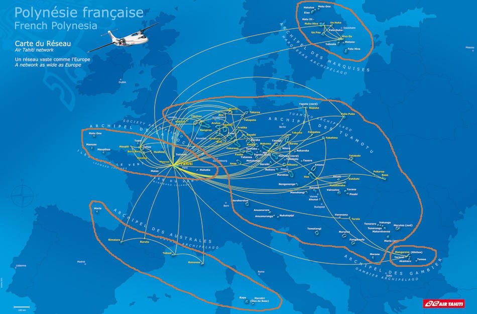 Mapa comparatiu de les distàncies entre les illes de la Polinèsia Francesa respecte de l'Europa continental