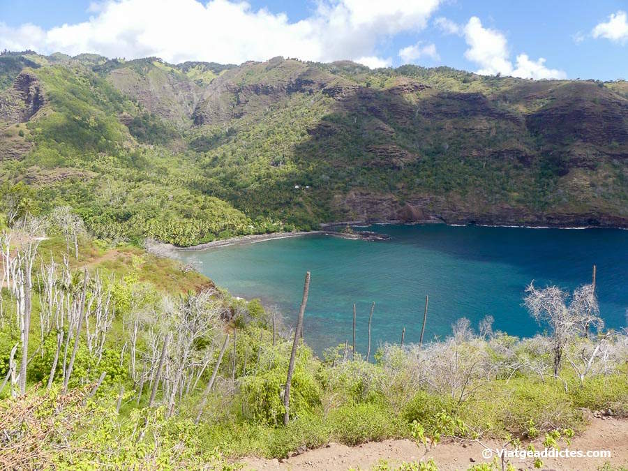 Vistes sobre la badia i la vall de Hanaiapa en el camí cap a Hanatekuua (Hanaiapa, Hiva Oa, illes Marqueses)