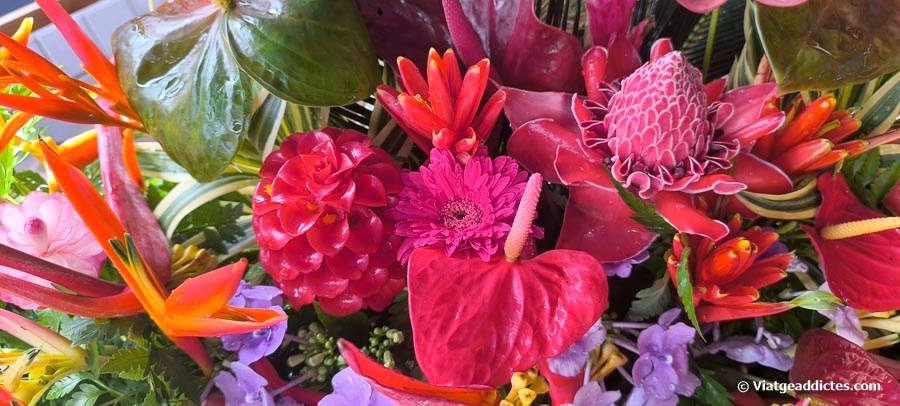 Detall d'un centre de flors tropicals arranjat per l'amfitriona del nostre allotjament (Huahine Nui, illes de la Societat)