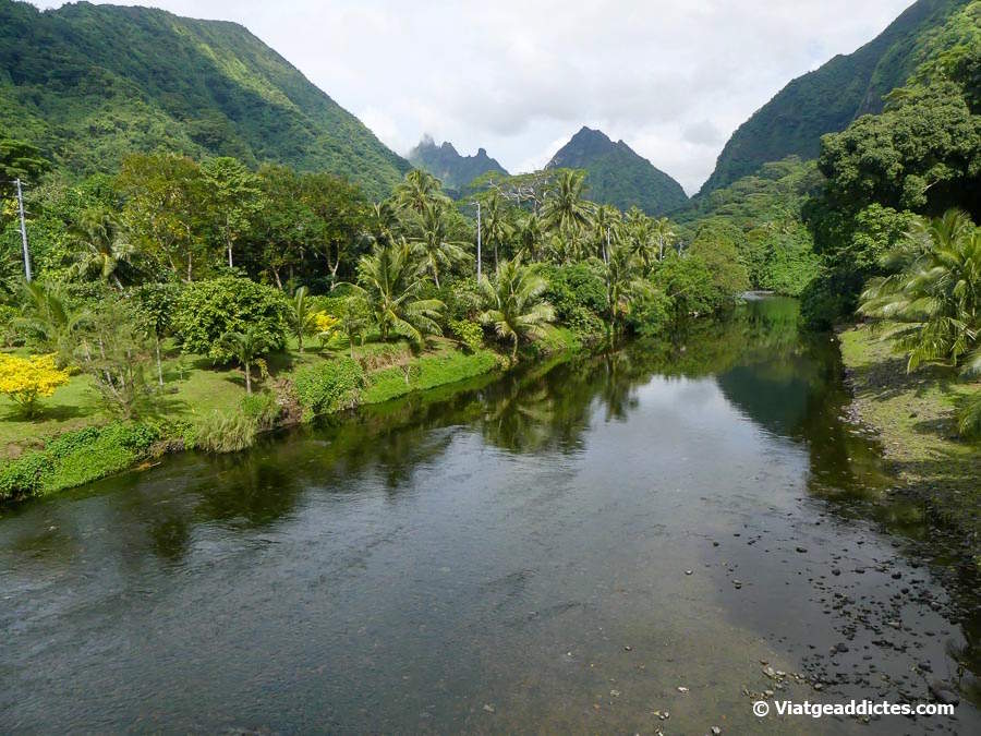 Vista del riu i les muntanyes cap a l'interior de l'illa des del pont (Teahupo'o, Tahiti Iti, illes de la Societat)
