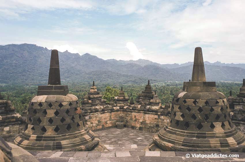 Stupas en la parte superior del templo de Borobudur (Borobudur, Java)