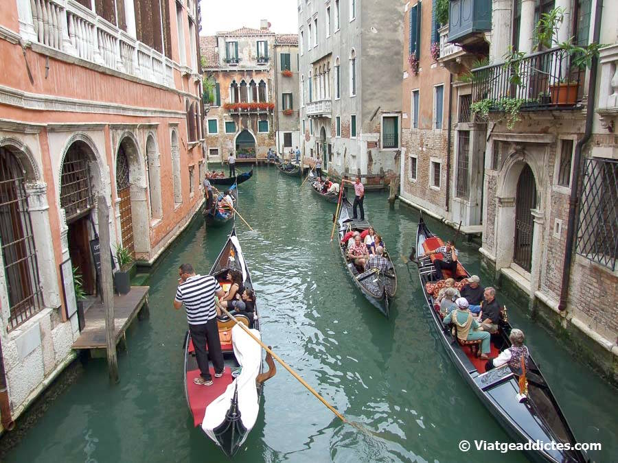 Embotellamiento  de góndolas en «hora punta» en un canal de Venecia