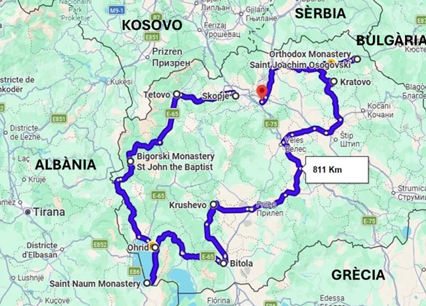 Mapa de la ruta en cotxe per Macedónia del Nord