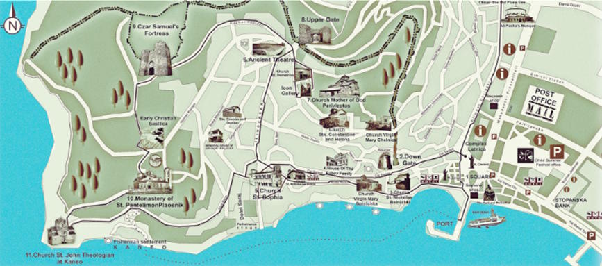 Mapa dels llocs d'interès a la ciutat d'Ohrid