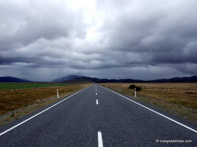 Solitària carretera novazelandesa, la Tekapo Twizel Rd (ruta 8), entre els llacs Pukaki i Tekapo