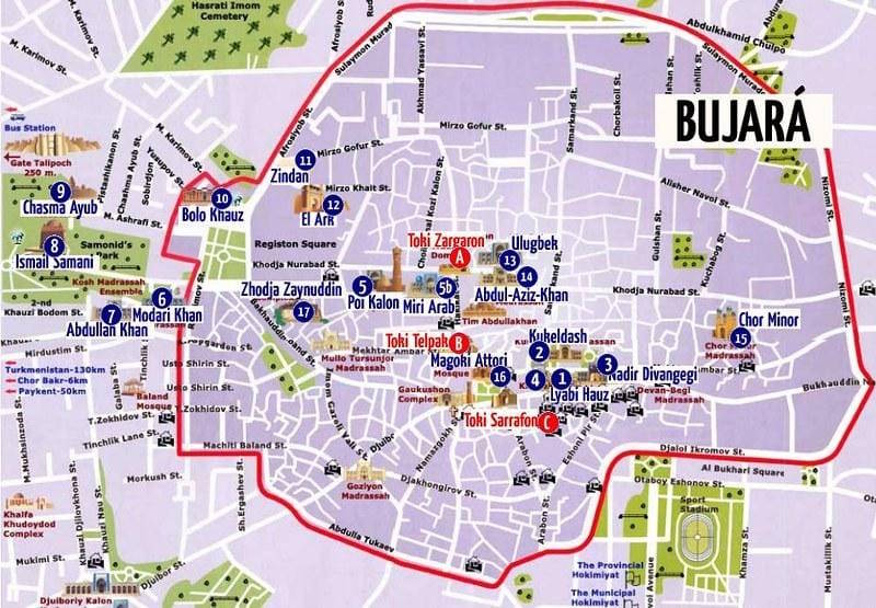 Mapa con los lugares de interés en la ciudad de <b>Bujará</b> (Bujará)