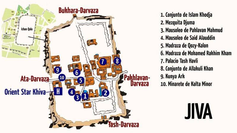 Mapa de los lugares de interés en Itchan Kala (Jiva)