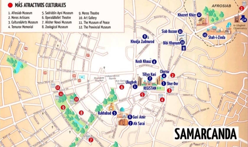 Mapa con los lugares de interés en la ciudad de Samarcanda
