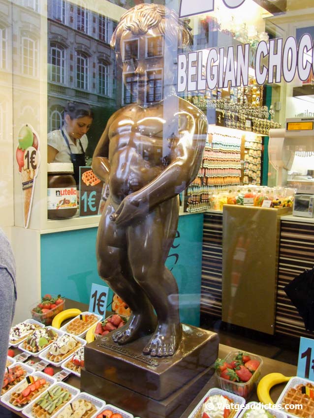 Brussels (Belgium). A full size �Manneken Pis� made of chocolate in �Leonidas� store