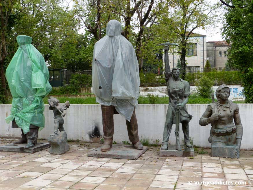 Tirana (Albania). Lenin and Stalin statues covered .. Is it a way to preserve them from the weather or to hide old communist symbols?